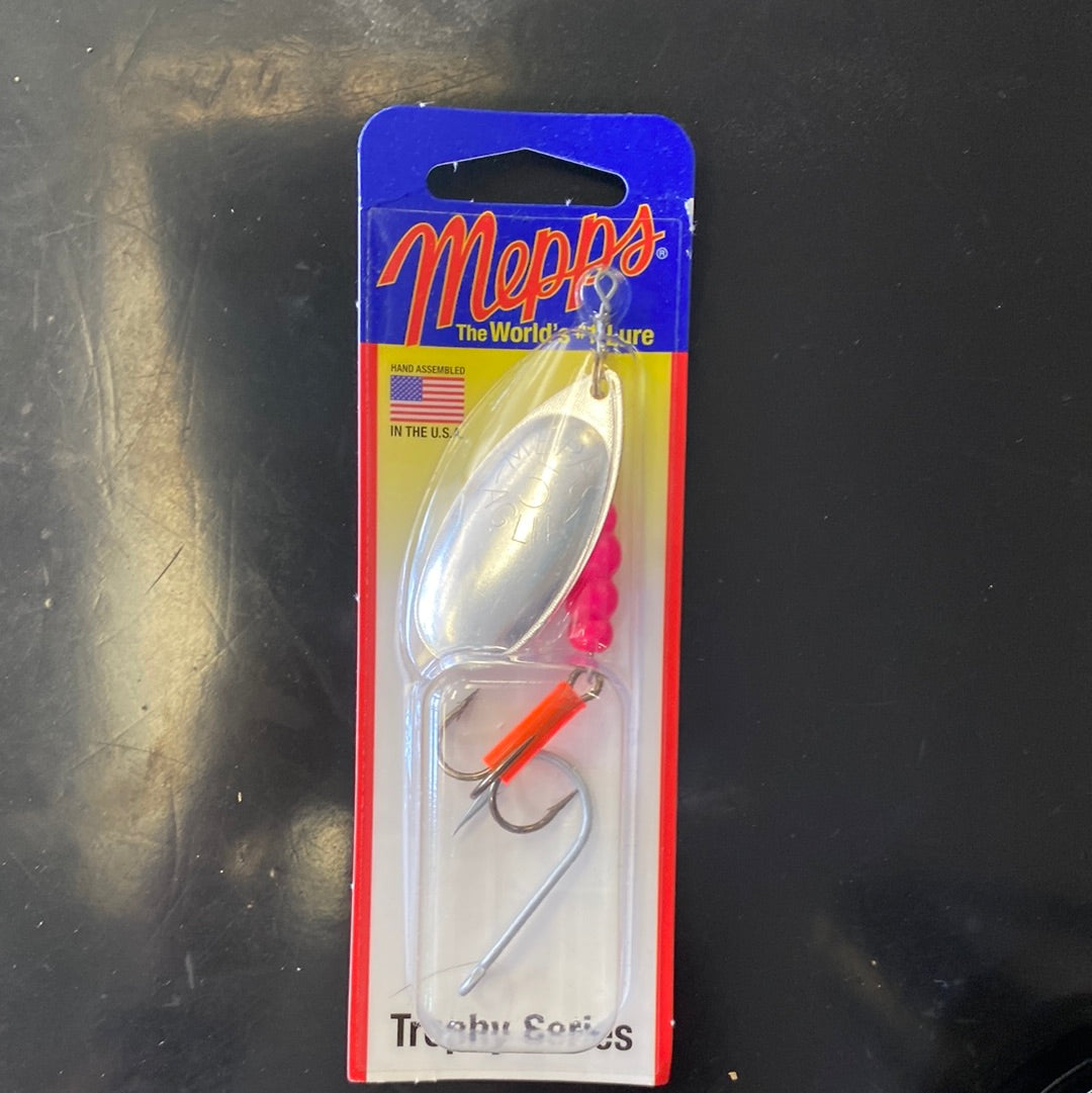 Mepps Spinner 1.5oz Fluorescent pink body with Silver Blade treble