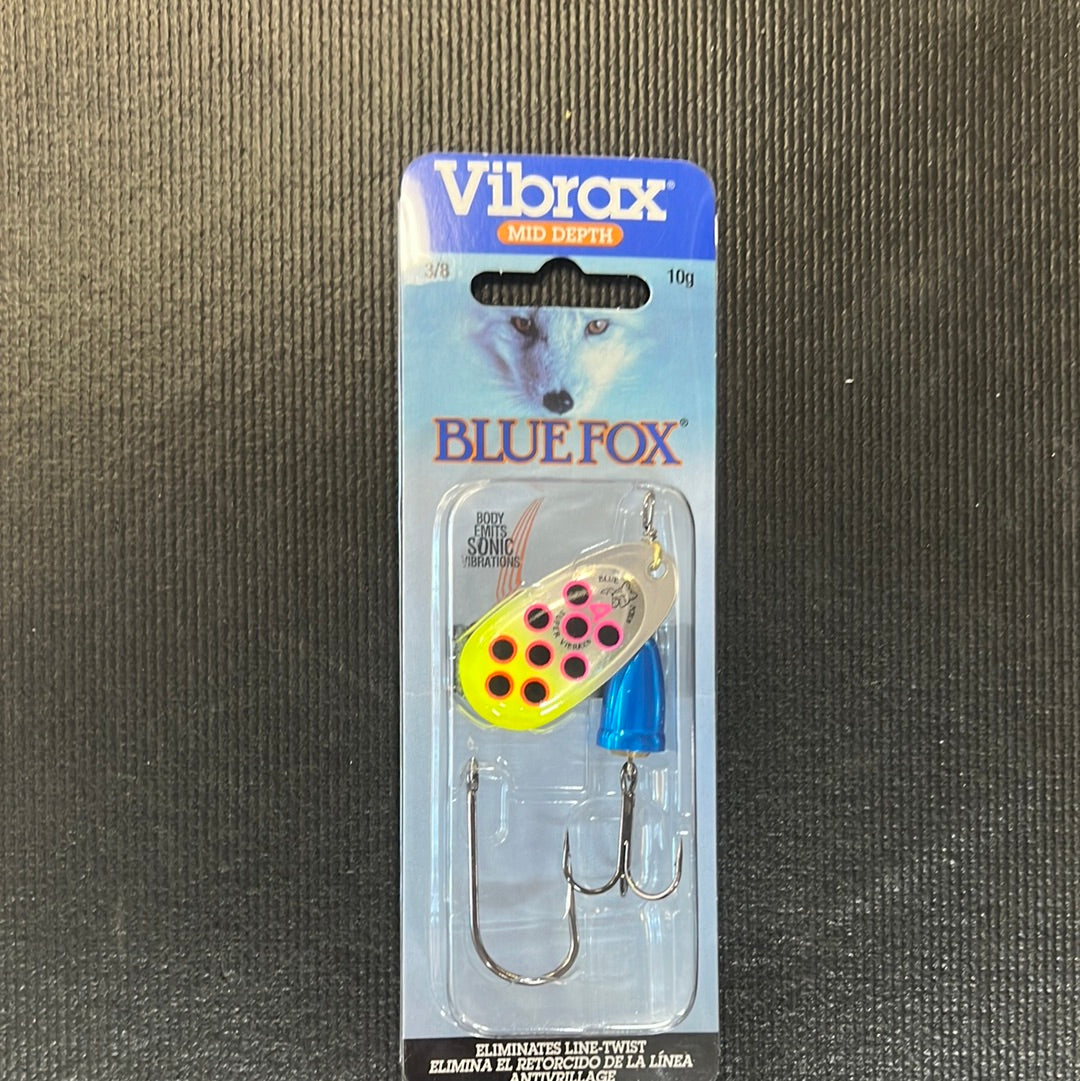 Vibrax Blue Fox 3/8 Pink Scale / Chartreuse Tip Tip