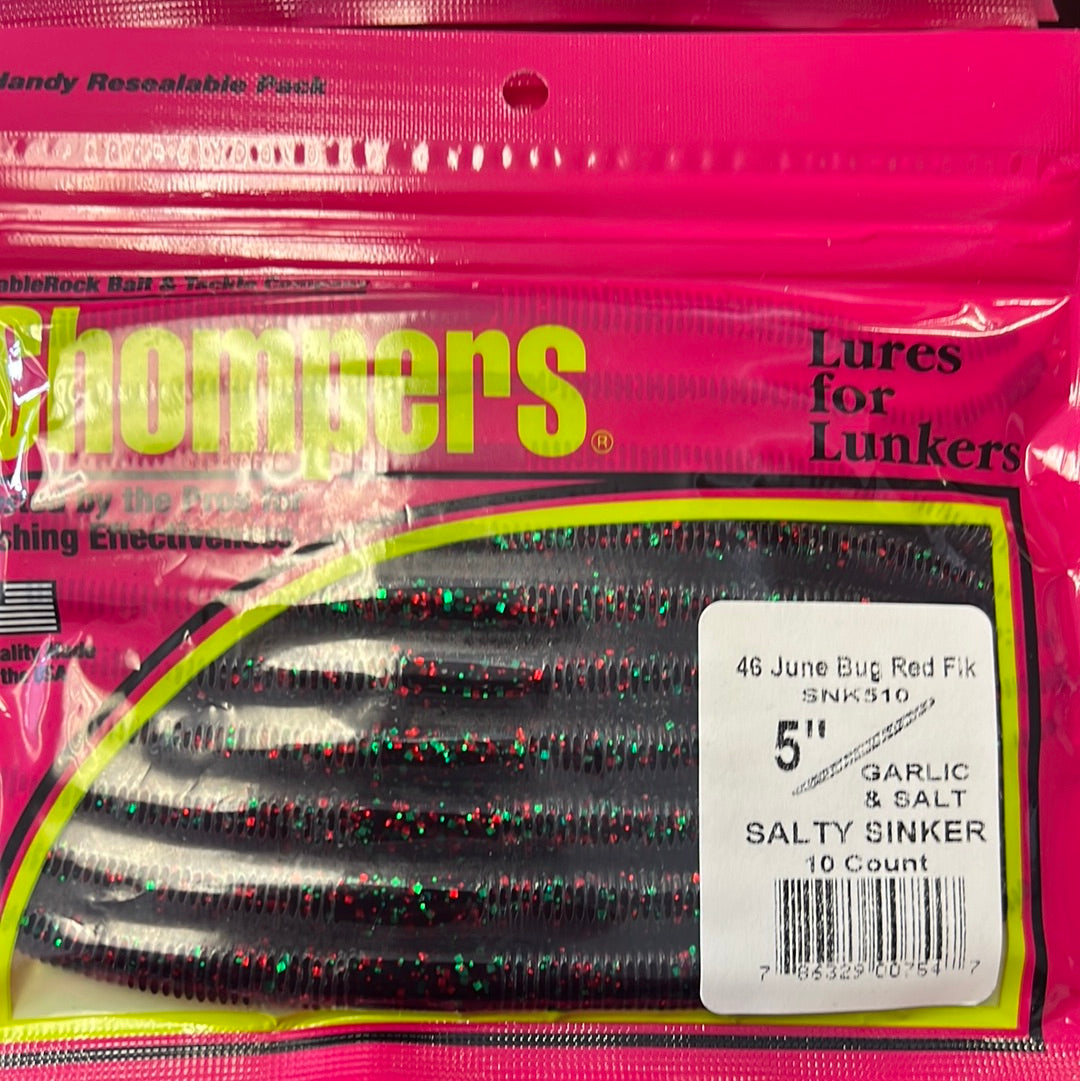 Chompers 5” June bug/red flk