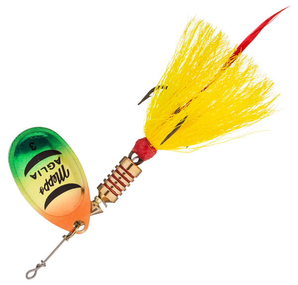 Mepps Aglia Dressed Spinner Hot Fire Tiger Yellow Tail #5, 1/2oz