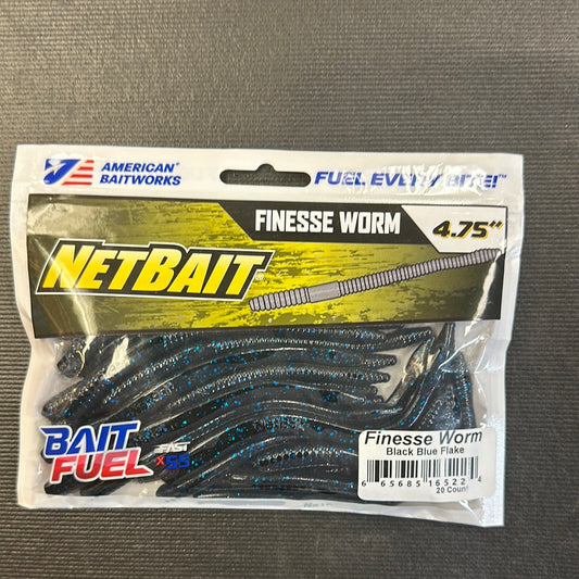 Net Bait 4.75” finesse worm black blue flake