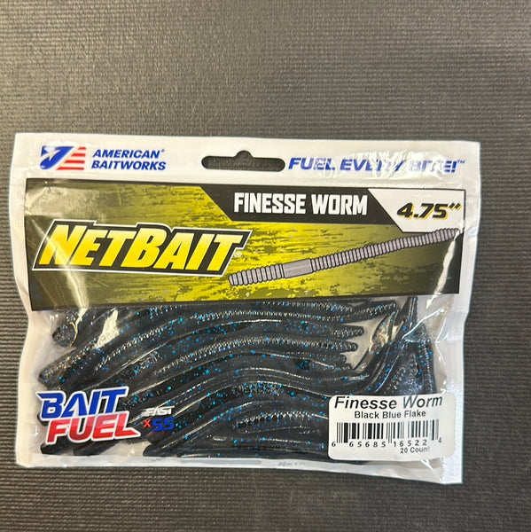 Net Bait 4.75” finesse worm black blue flake