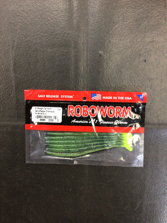 Roboworm 6” Straight Tail Worm Salt & Pepper Chart 10pk