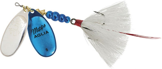 Mepps Double Blade Aglia #5, 11/16oz (Silver/Blue Platinum Blades/ White Tail)