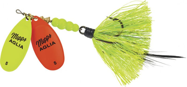 Mepps Double Blade Aglia #5, 11/16oz (Hot Chartreuse/Hot Orange Blades/ Chartreuse Tail)