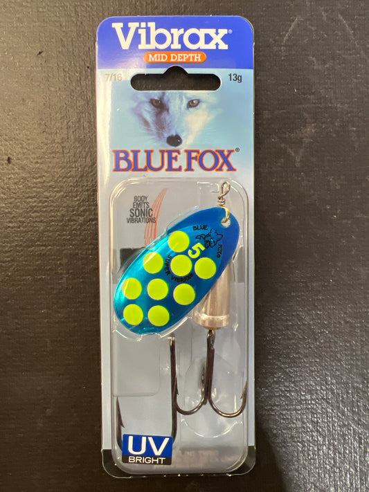 Blue Fox Vibrax 7/16oz Blue Fluorescent Yellow Silver UV