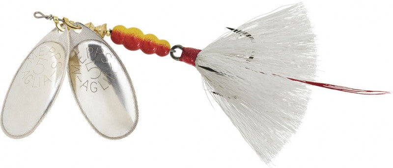 Mepps Double Blade Dressed Treble Aglia #5, 11/16oz (Silver/Silver Blade/ White Tail