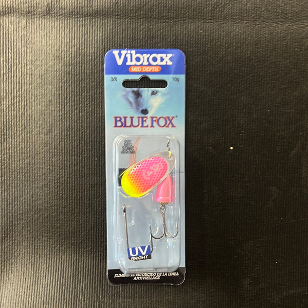 Blue Fox classic vibrax spinner 3/8oz pink scale/chartreuse tip UV