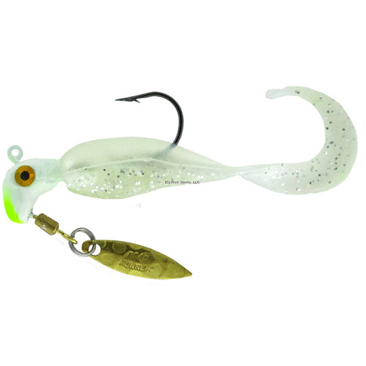 Road Runner VR3-524 Vibe Runner Underspin Jig Head / Plastic Curl Tail, Hammered Willow Blade, 2-3/4", 1/8 oz, #1 Hk, 1Pk, White Ice