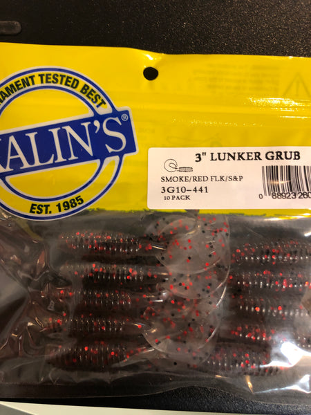 Kalin’s 3” lunker grub smoke red flake