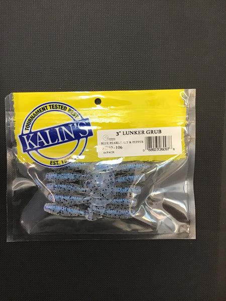 Kalin’s 3” Lunker grubs Blue pearl/ Salt & pepper
